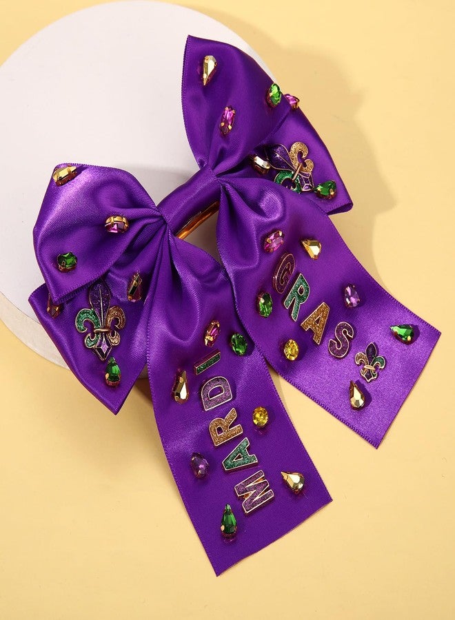 NVENF Mardi Gras Hair Bow Clips for Women Mask Fleur De Lis Hair Bows Jeweled Large Purple Hair Ribbon Bows Carnival Mardi Gras Accessories Outfits Parade Party Favors (Pattern A) - Image 4